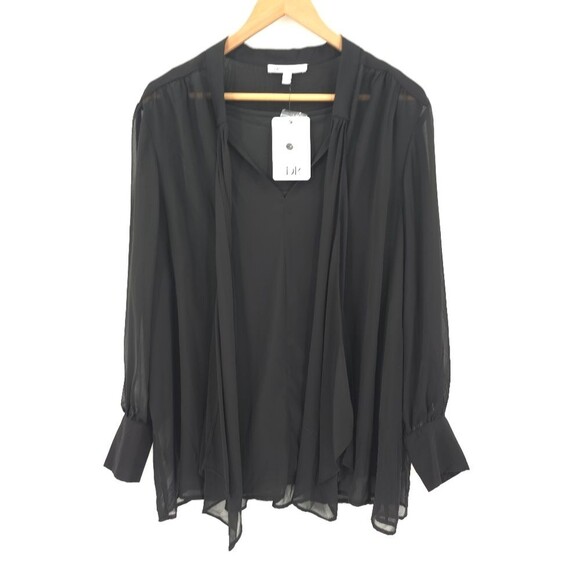 DR2 Daniel Rainn Top Womens 3X Black Chiffon Ne Neck Sash Sheer Puff Sleeves NWT - Picture 2 of 14